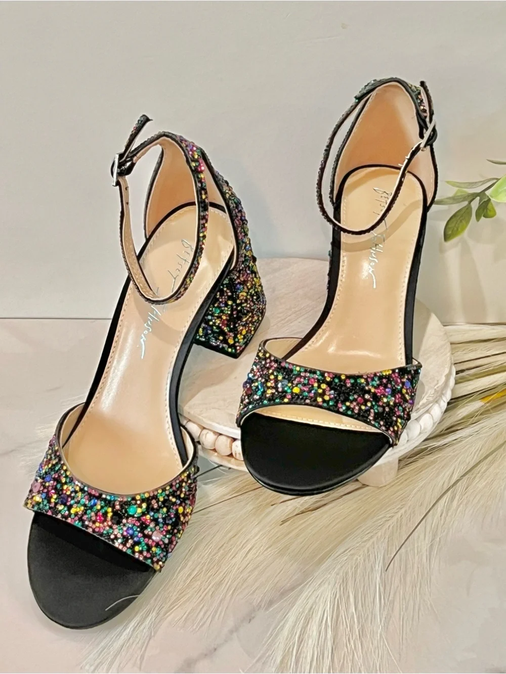 Betsey Johnson Black Multicolor Glitter Block Heel Sandals